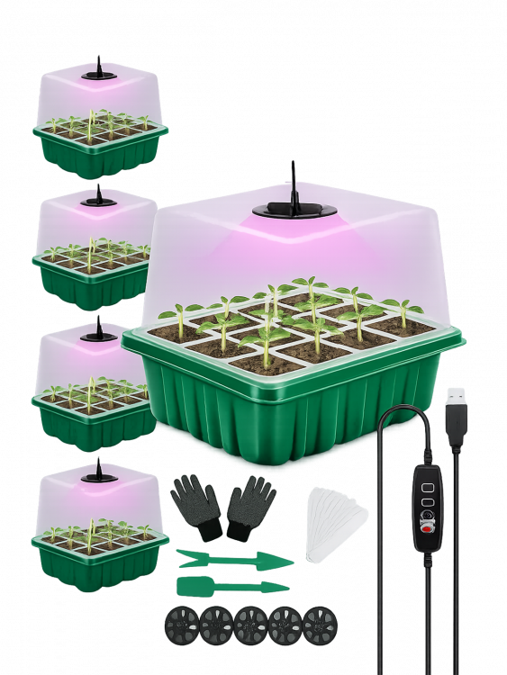 Набор мини парников 5шт комплект из 12 ячеек, с фитолампой внутри Огонек OG-LDP52